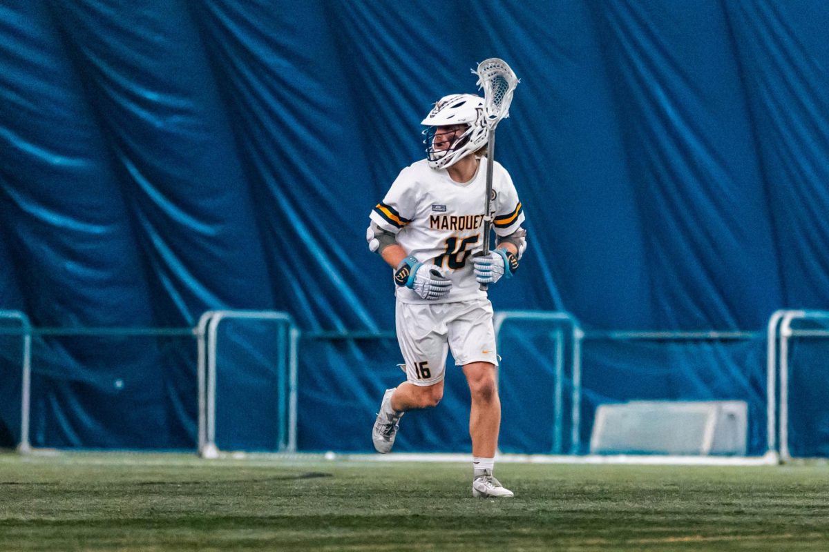 Senior attackman Nolan Rappis earned his fourth hat trick of the year in Marquette's 9-8 win over Air Force March 22.